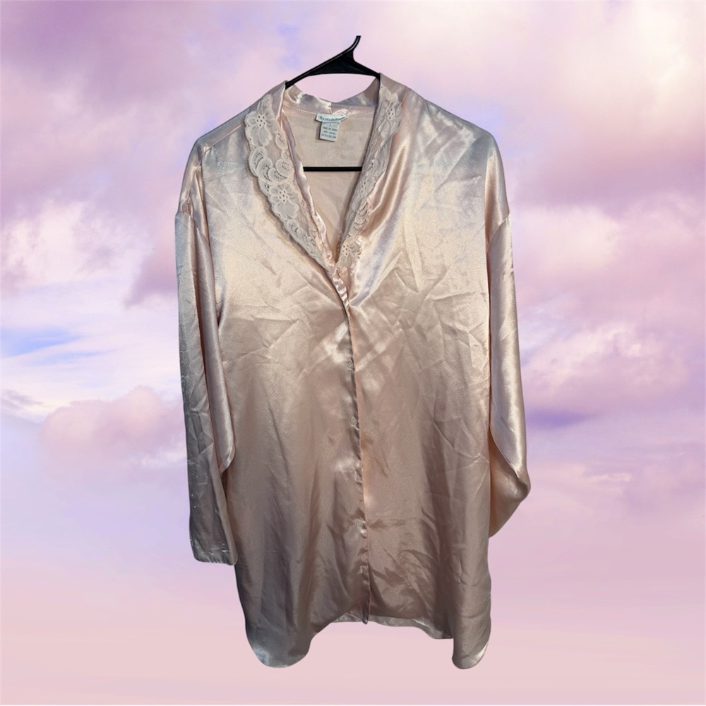 Laura Adams Silky Lace-Trim Button-Up Gown Robe Sleep Wear in Soft Blush size L